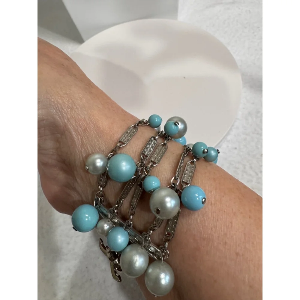 Unbranded antique 6” Necklace & 7” Bracelet Set Blue Silver beads silver links